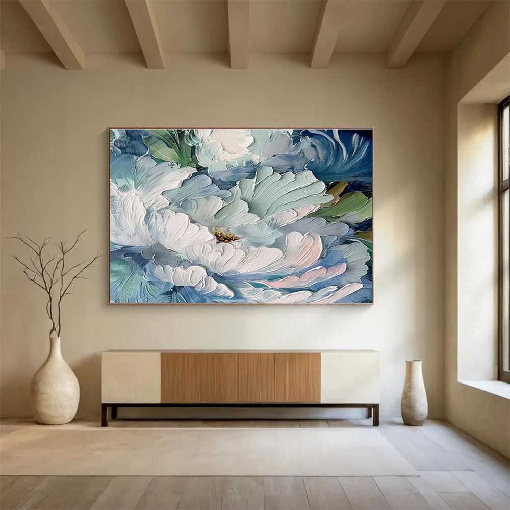 Aqua Peonies - Textured Floral Oil Painting, Ideal for Bathroom & Sunroom DKS675