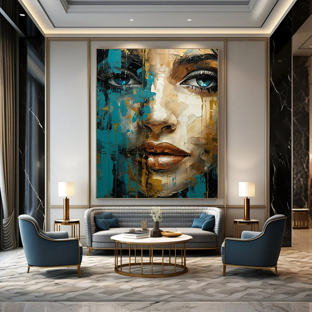 Blue & Gold Abstract Portrait, Klimt - Inspired Ornamentation, Portrait Painting On Canvas PT2132