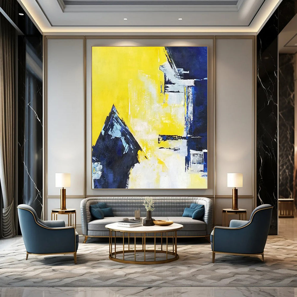 “Yellow - Blue Geometric” - Modernist Abstract Painting On Canvas PT2304
