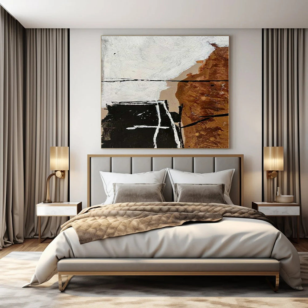 Brown, White and Black with Geometric Overlaps "Layered Geometry" Abstract Painting On Canvas PS1126