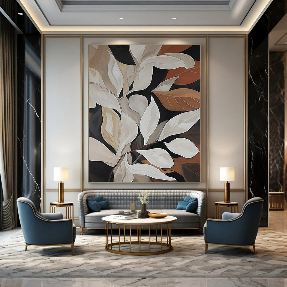 “White - Brown Leafy Composition” - Botanical Abstract Painting On Canvas PT1125
