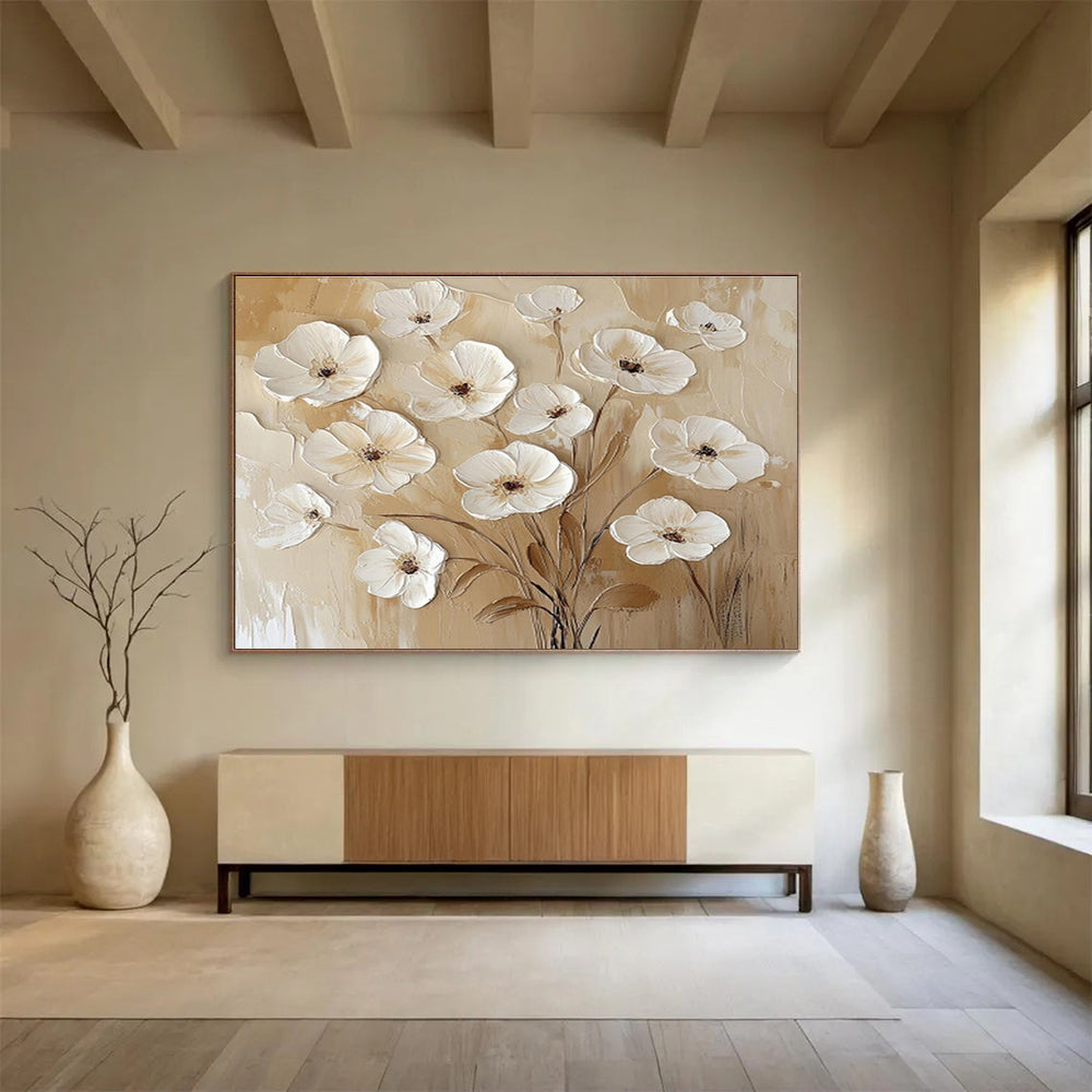 “Beige - White Floral Relief” Painting On Canvas DKS309