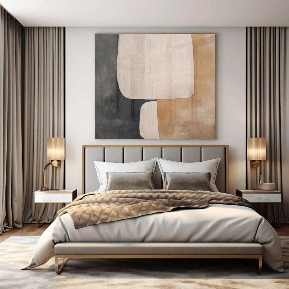 Gray, Beige, and White Shapes "Soft Structure" Abstract Geometric Painting On Canvas PS1047