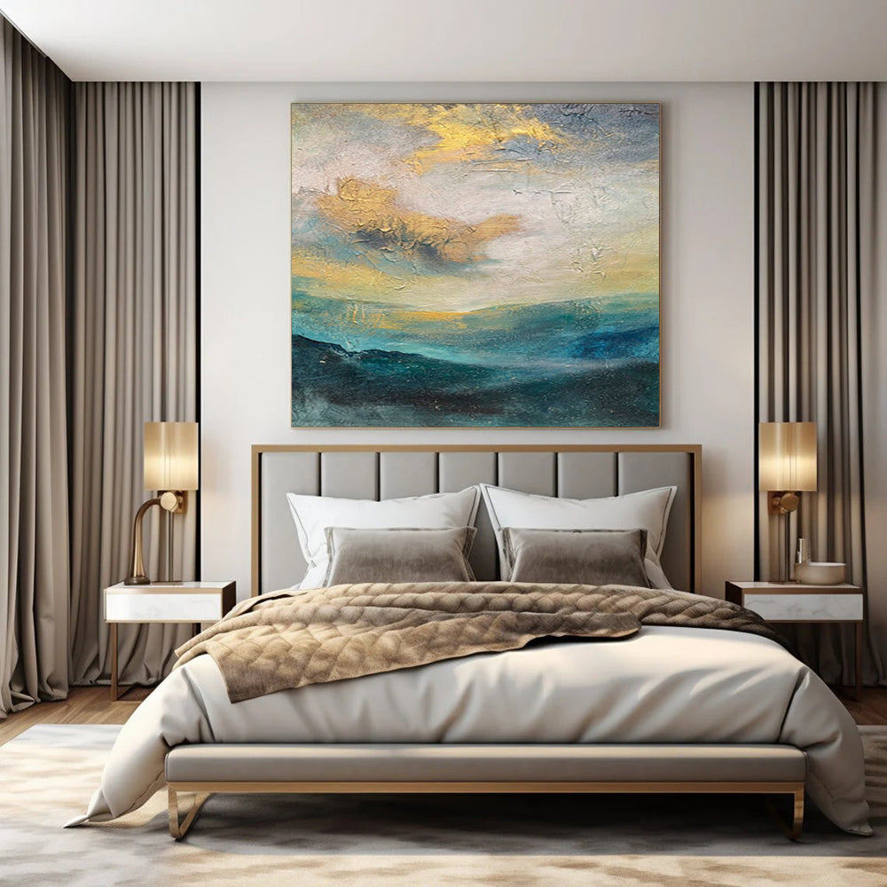 Blue, Gold, and Gray Landscape - Inspired, "Heavenly Horizons" – Impressionistic Abstract Painting On Canvas PS1004