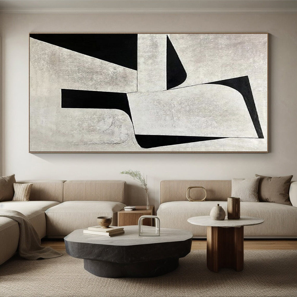 “Monochrome Geometric Shapes” - Beige, Black Abstract Minimalist Painting On Canvas PS0671