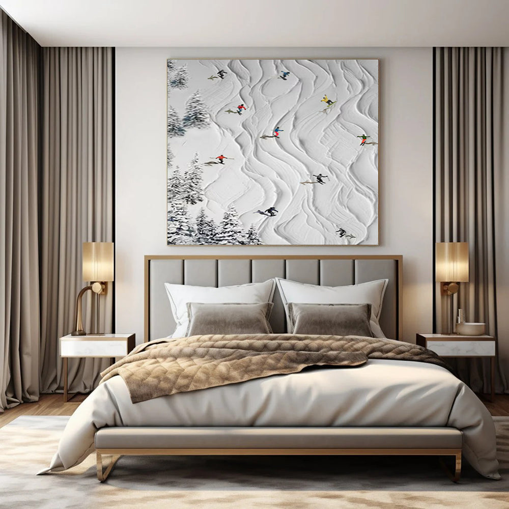 White, Colorful Figures with Textured Snow "Ski Slope Fun" Textured Painting On Canvas PS1401