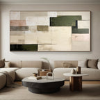 “Neutral & Green Squares” - Beige, Green Abstract Minimalist Painting On Canvas PS0395
