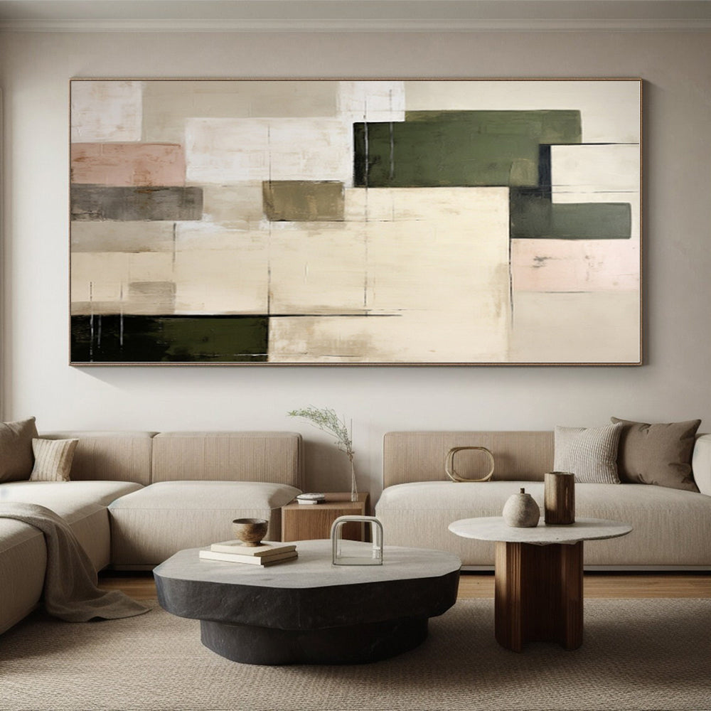 “Neutral & Green Squares” - Beige, Green Abstract Minimalist Painting On Canvas PS0395