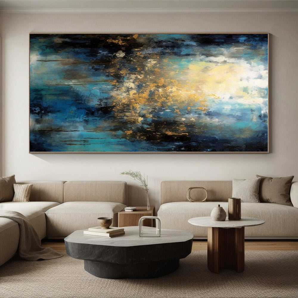 “Teal - Gold Abstract Light” - Teal, Gold, Blue Abstract Painting On Canvas PS0451
