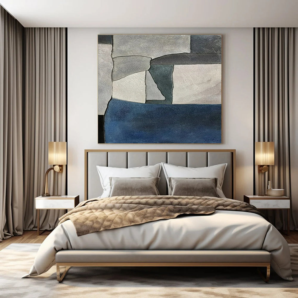 Gray, Blue, White with Geometric Shapes "Modern Mosaic" Abstract Painting On Canvas PS1425