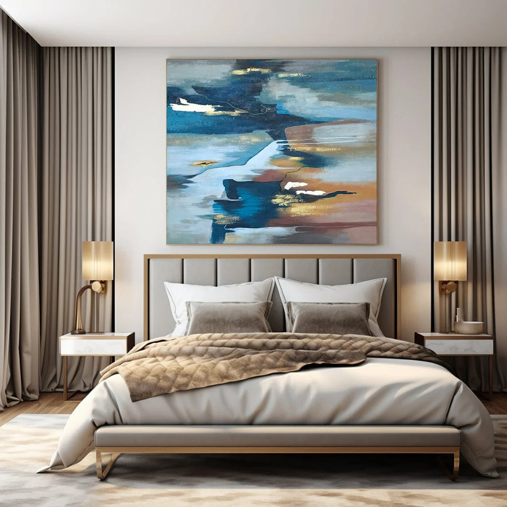 Blue, Gold, and Brown Fluid, "Ethereal Estuary" – Abstract Landscape Painting On Canvas PS1006