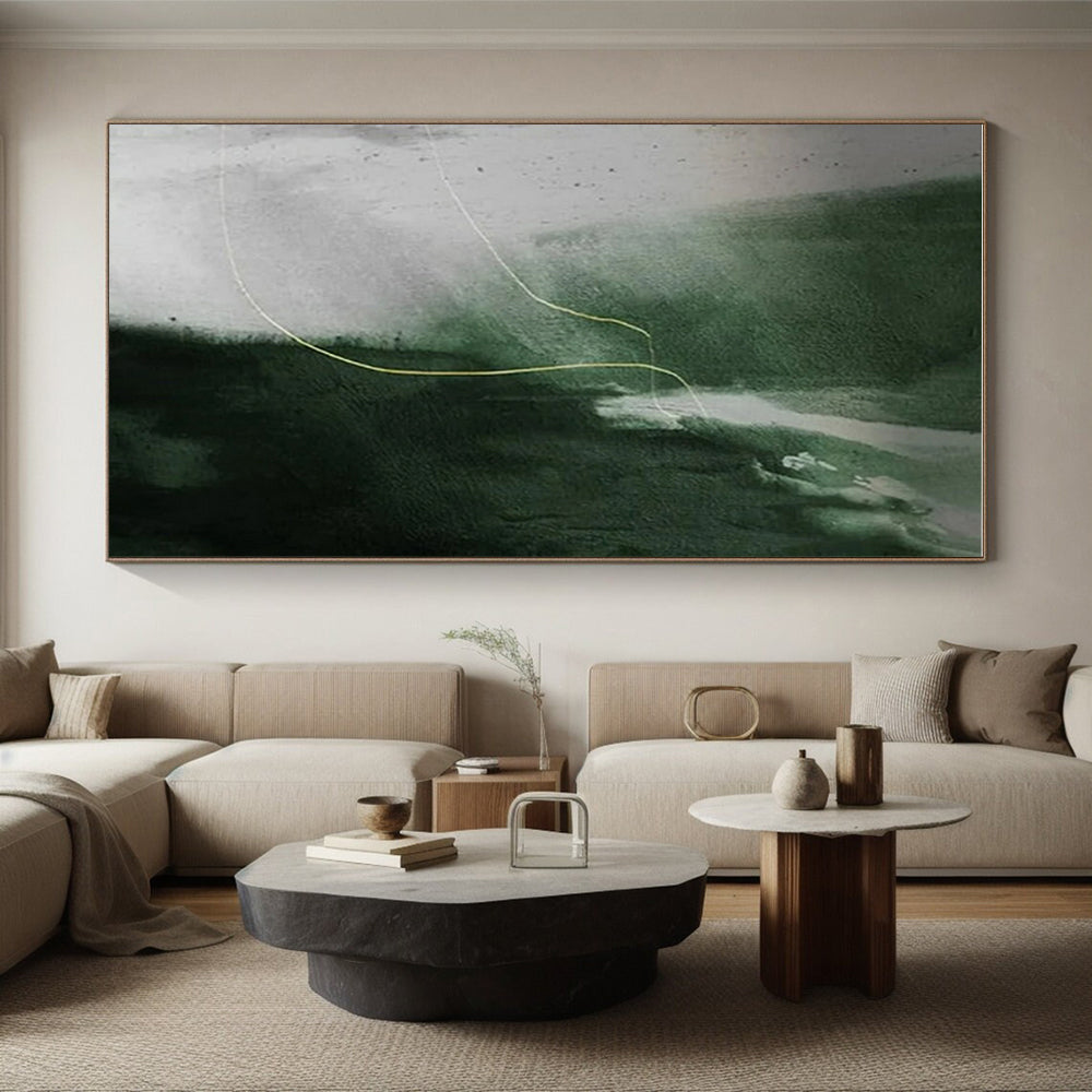 “Green - Yellow Abstract Line” - Green, Gray, Yellow Abstract Minimalist Painting On Canvas PS0649