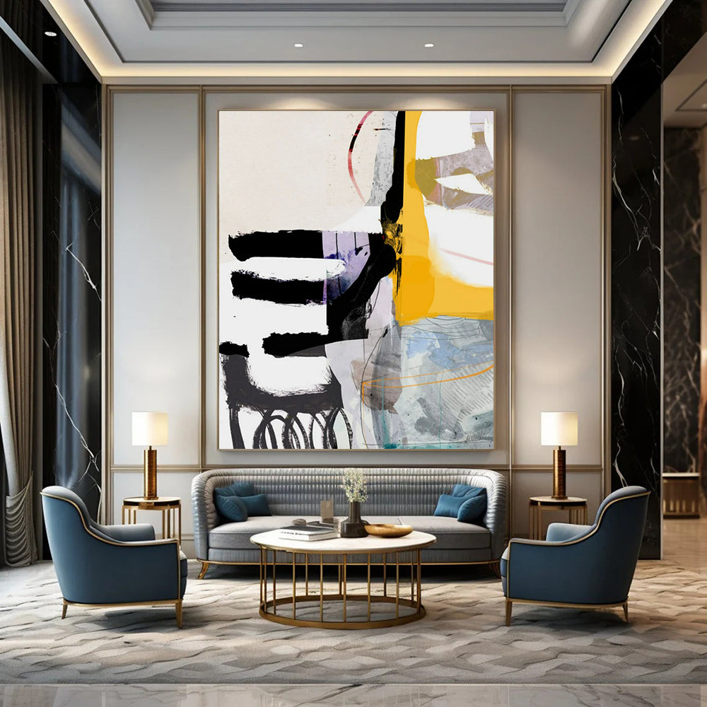 “Yellow - Purple - Black Abstract Collage” - Mixed - Media Abstract Painting On Canvas PT2313
