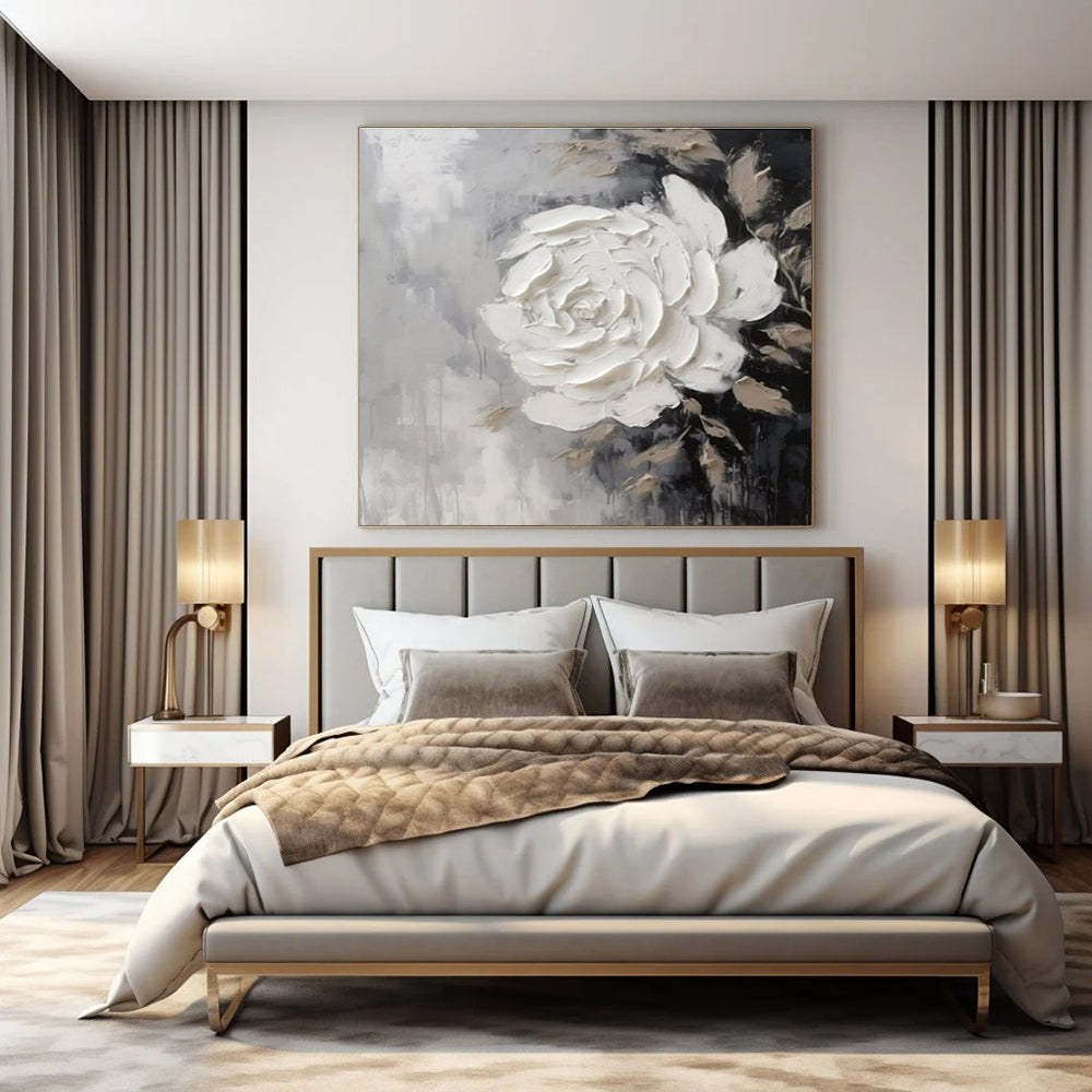 Gray, Black, Beige with Textured White Rose "Tactile Bloom" Abstract Painting On Canvas PS1466
