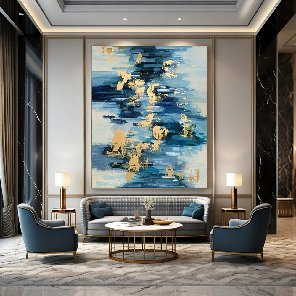 “Blue and Gold Strokes: Abstract Water - Inspired Painting” - Energetic Abstract Painting On Canvas PT0931