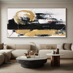 “Black - Gold Opulent Strokes” - Black, Gold, White Abstract Painting On Canvas PS0509