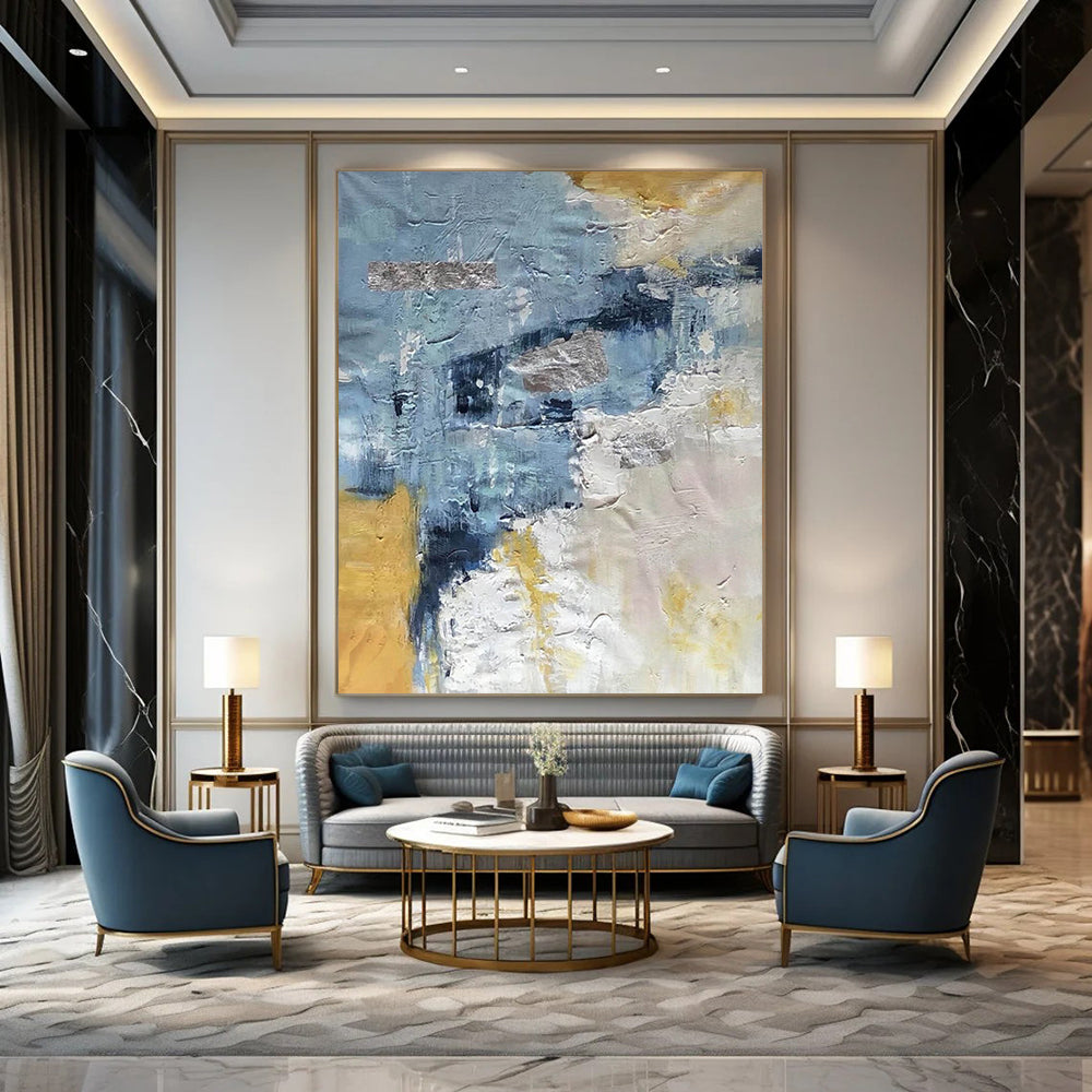 “Textured Blue & Gold Abstract” - Layered Paints with Metallic Shimmers Painting On Canvas DS255