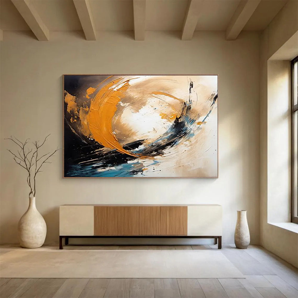 “Dynamic Orange, Black, and Blue Swirls” - Abstract Expressionist Painting On Canvas PT098