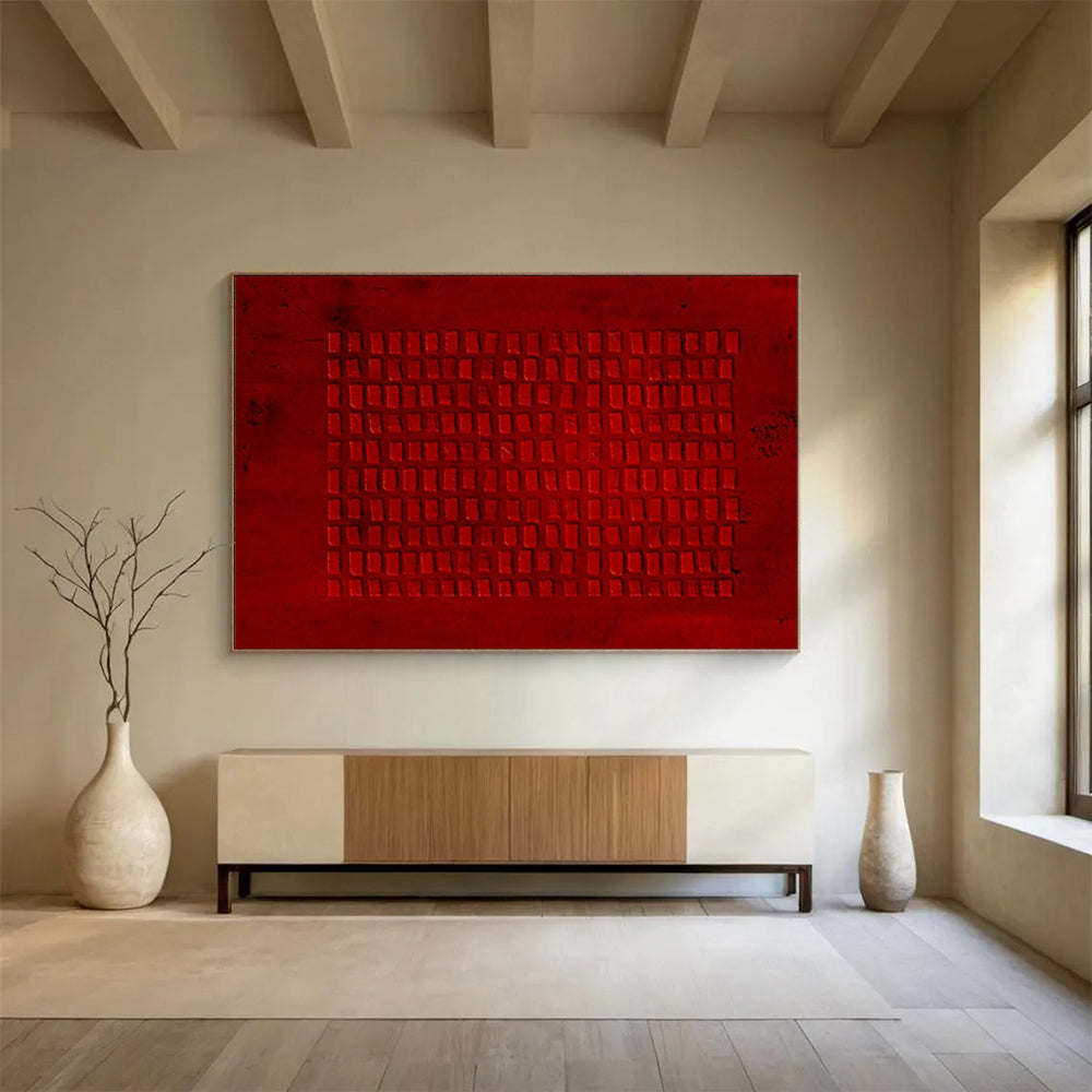 “Red Textured Grid” - Bold Red “Crimson Layers” Painting On Canvas PT1651