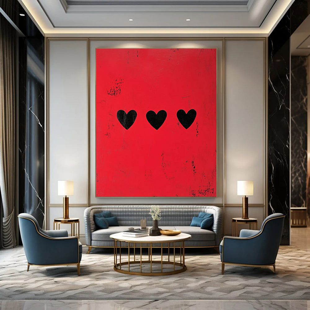 “Minimalist Red with Black Hearts” - Minimalist Conceptual Painting On Canvas PT1935