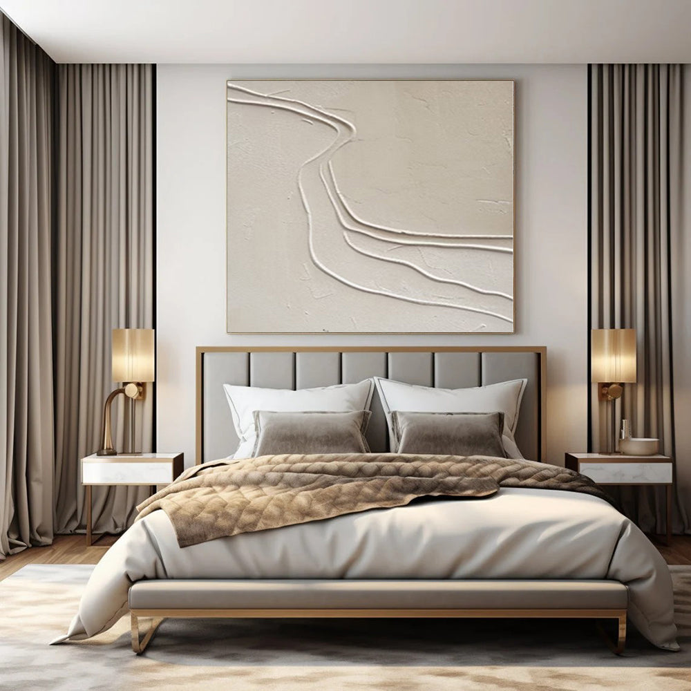 Beige with Curved White Lines "River Flow" Textured Abstract Painting On Canvas PS1094