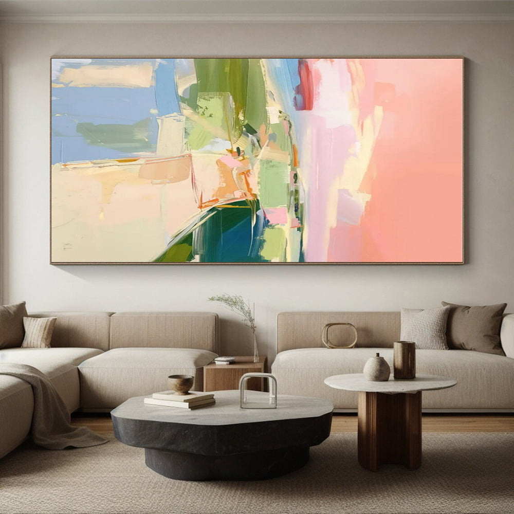 “Pastel Landscape Abstraction” - Pastel Pink, Green, Blue Abstract Landscape Painting On Canvas PS0706