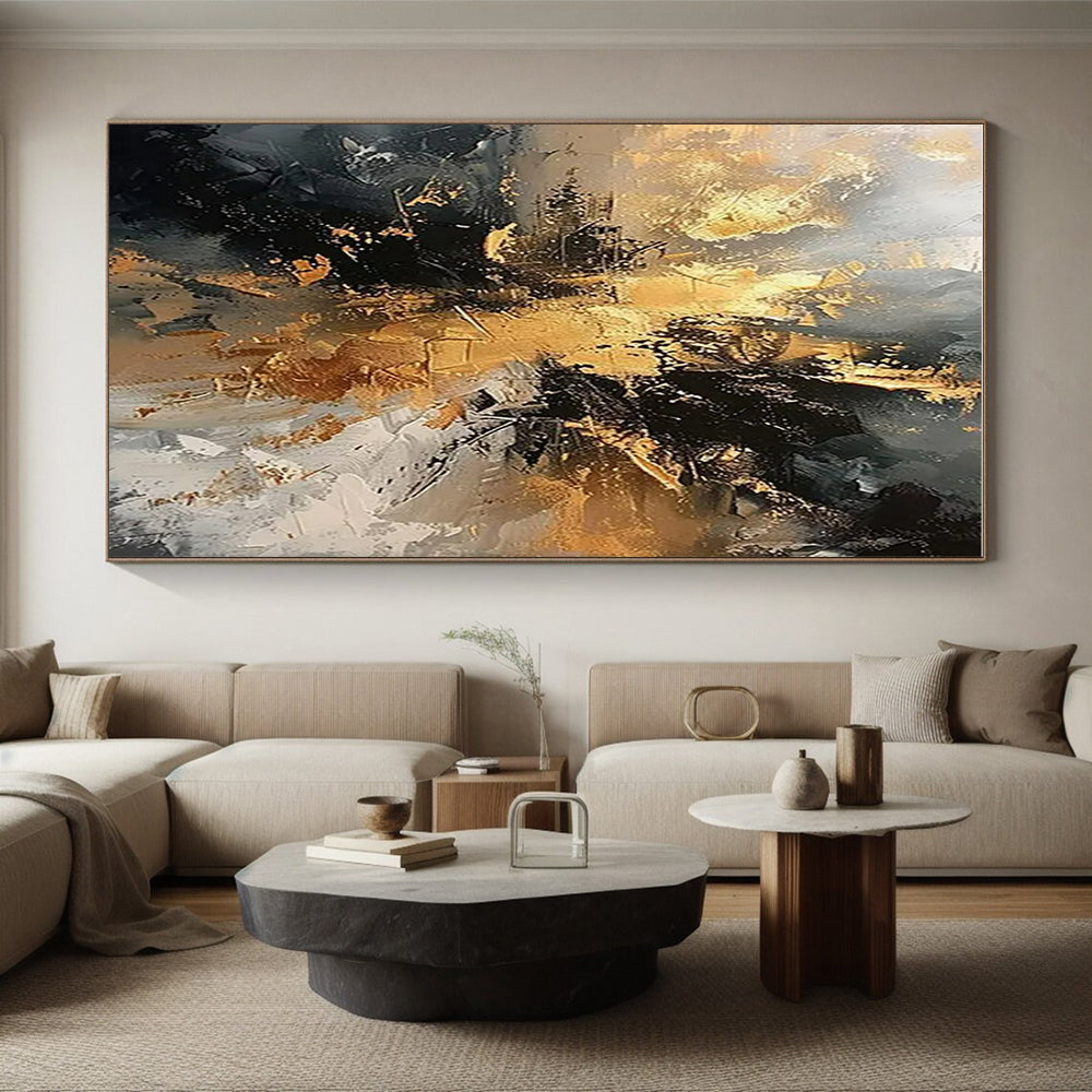 Black, Gray & Gold Dynamic Abstract "Ember Glow" Painting On Canvas PS0861