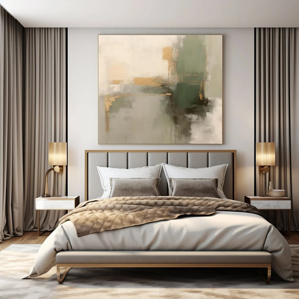 Gray, Gold, Green with Abstract Shapes "Gilded Greens" Abstract Painting On Canvas PS1288