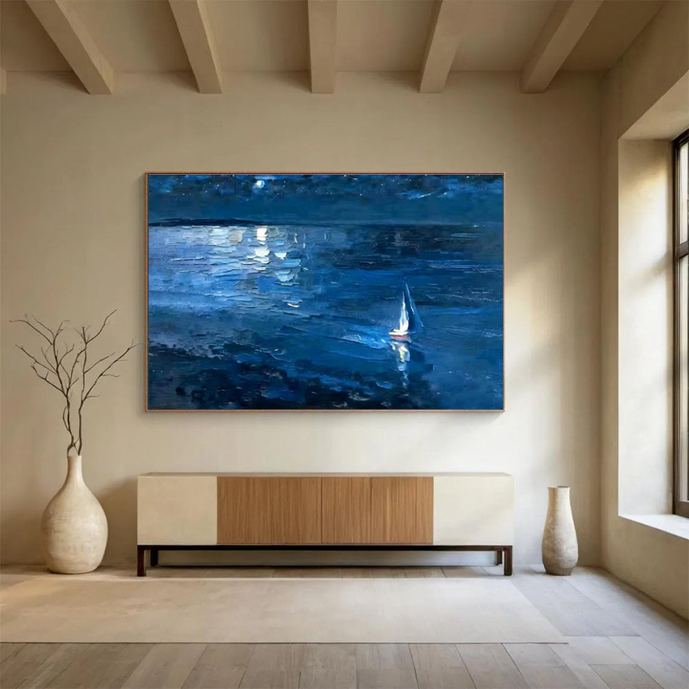 Blue Night Sky and Sea with Sailboat Impressionist Landscape Painting On Canvas DKS100