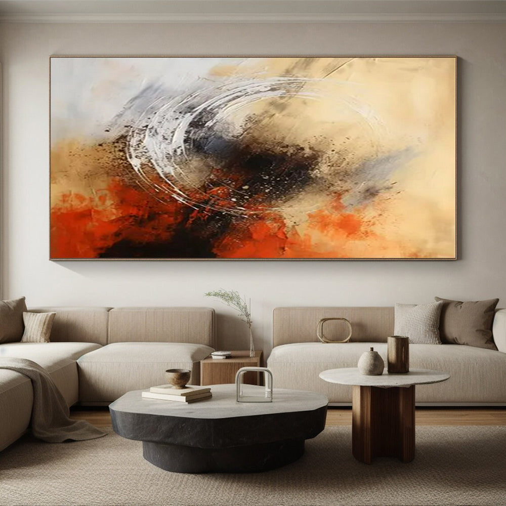 Beige, Grey, Black & Orange Abstract Circle Painting On Canvas PS0828