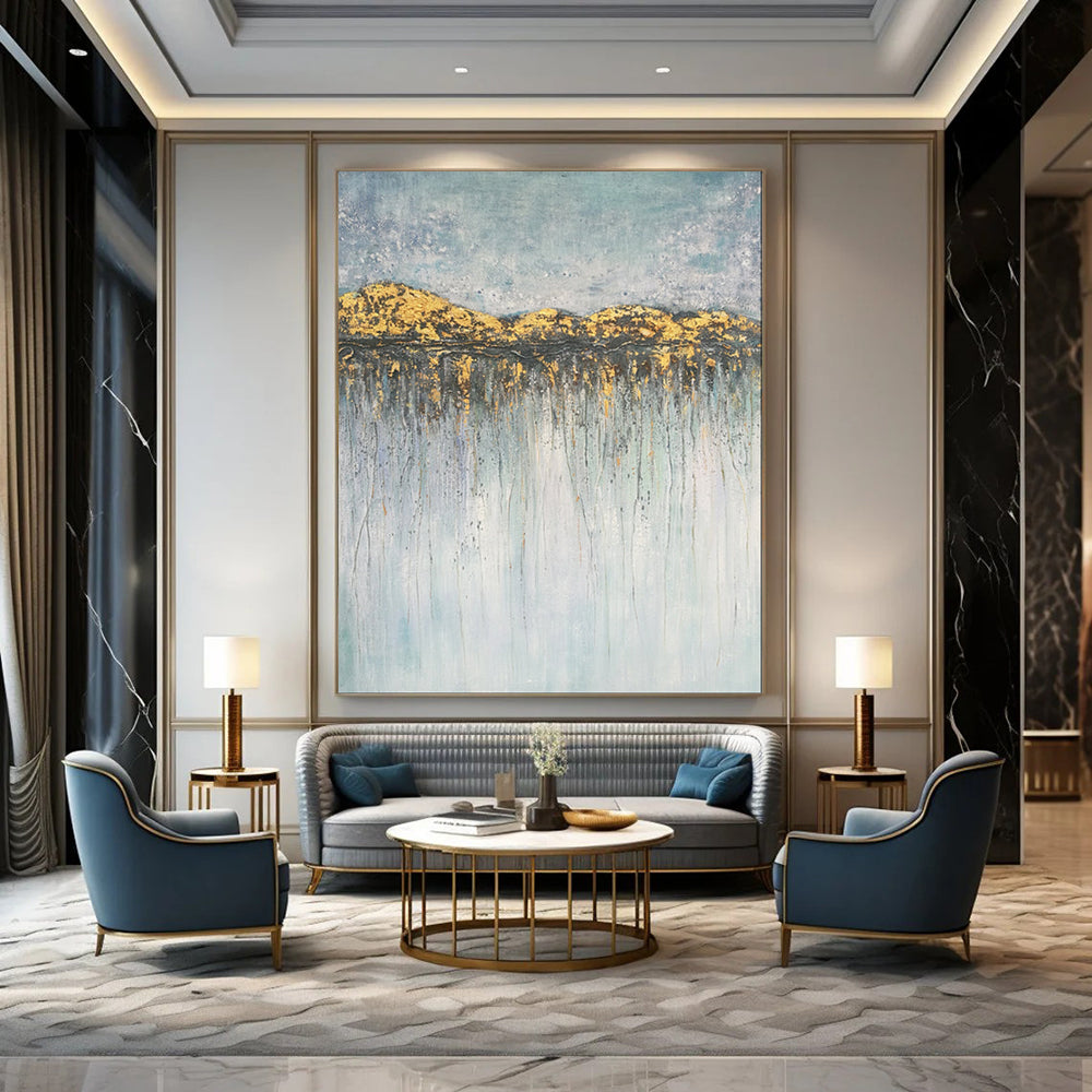 “Gold - Blue Abstract Landscape Drip Art” - Abstract Painting On Canvas PT2077