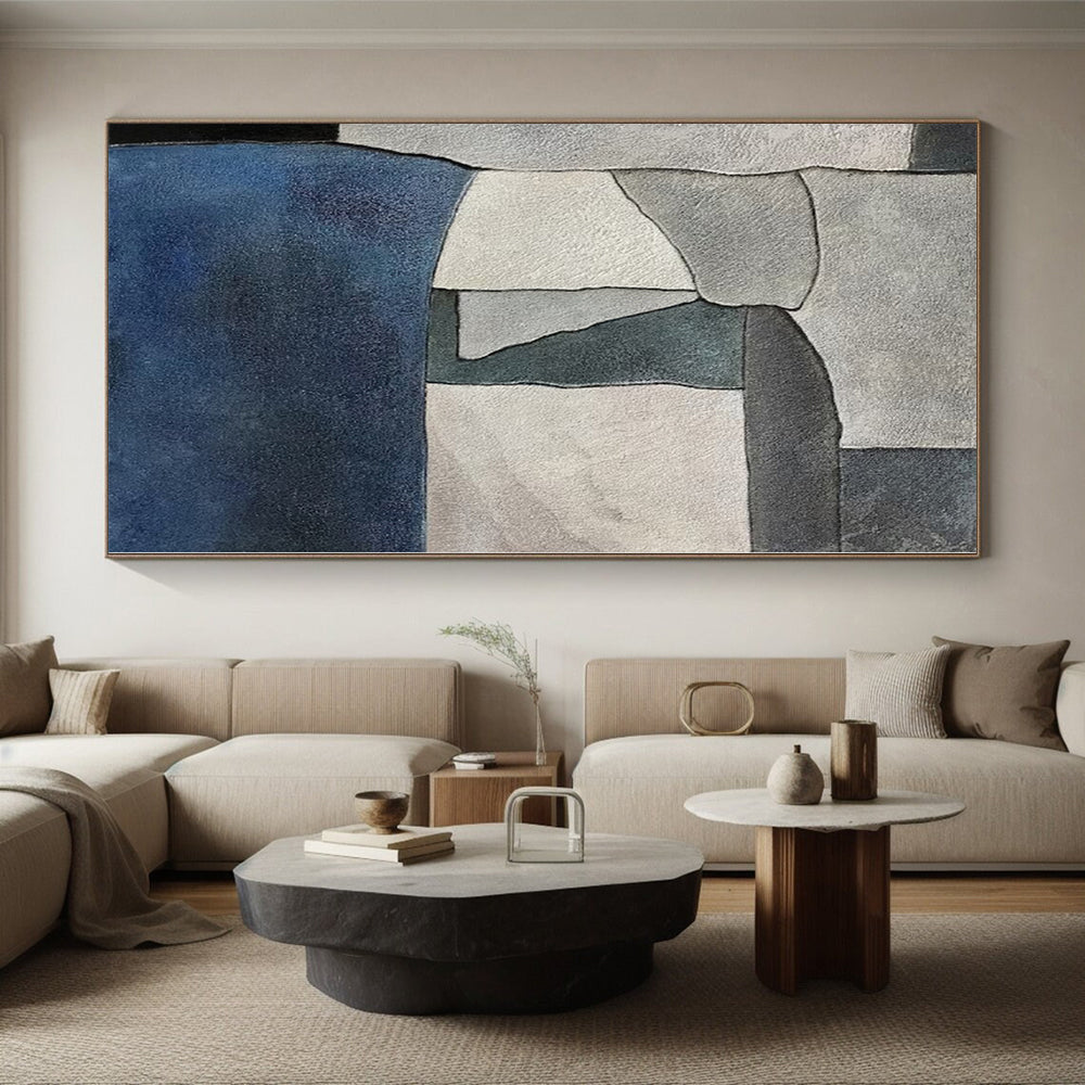 “Gray Block Harmony” - Gray, Blue Abstract Geometric Painting On Canvas PS0386