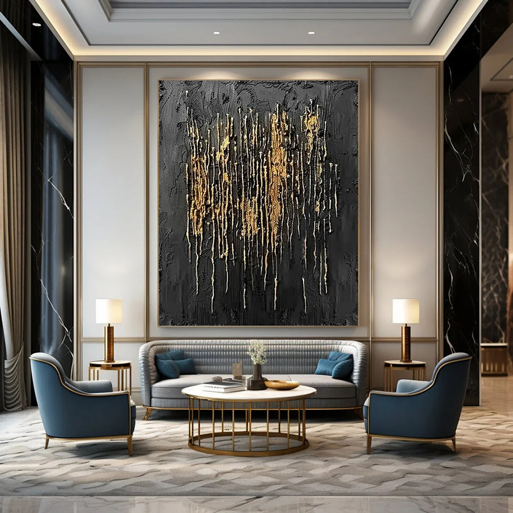 “Black and Gold Drip Elegance” - Abstract Textured Painting On Canvas PT2358