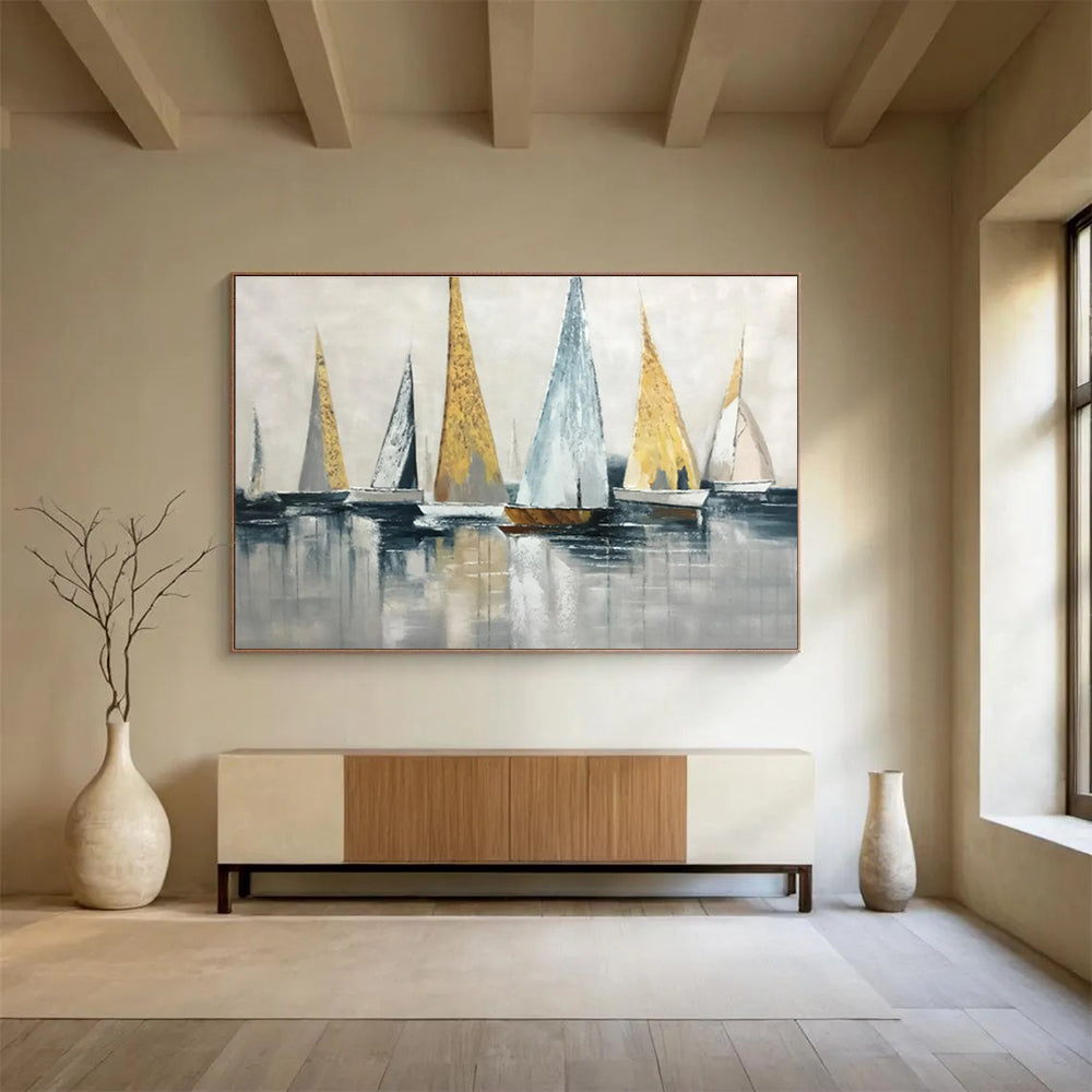 “Gold - Accented Sailboat Abstract” Abstract Painting On Canvas DKS169