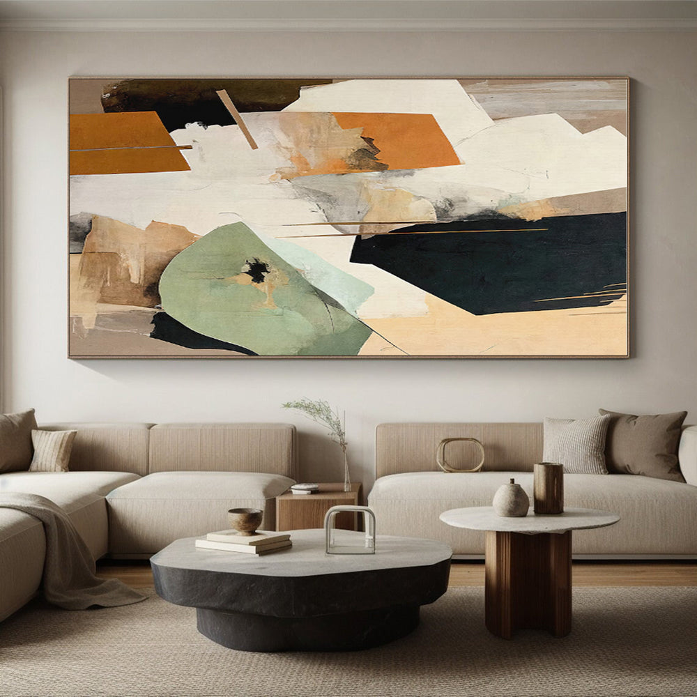 “Orange & Green Abstract Collage” - Orange, Green, Gray, White Abstract Mixed - Media Painting On Canvas PS0756