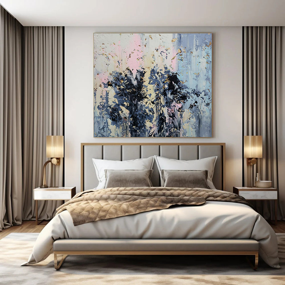 Light Blue, Pink, Gray, Gold with Textured Strokes "Ethereal Drizzle" Abstract Painting On Canvas PS1404
