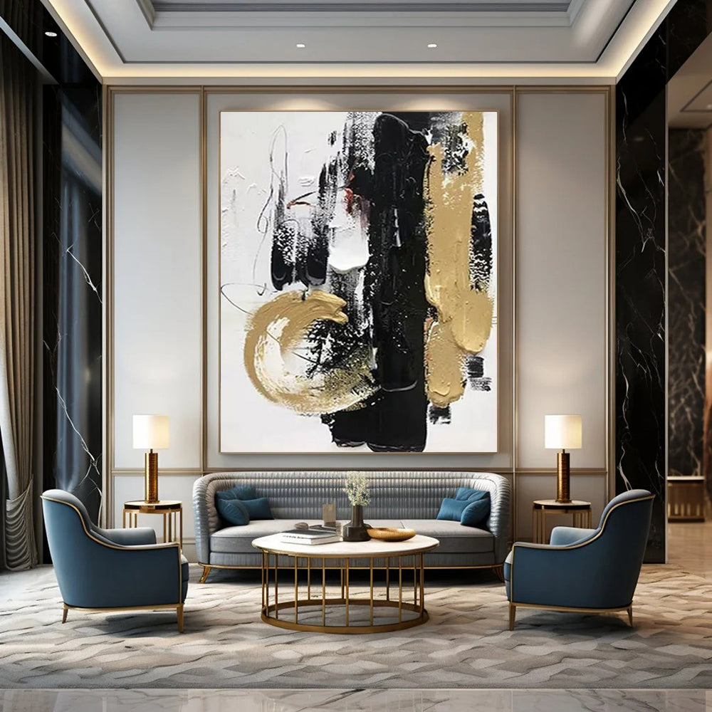 “Black & Gold Dynamic” - Bold Strokes & Metallic Accents Painting On Canvas DS146