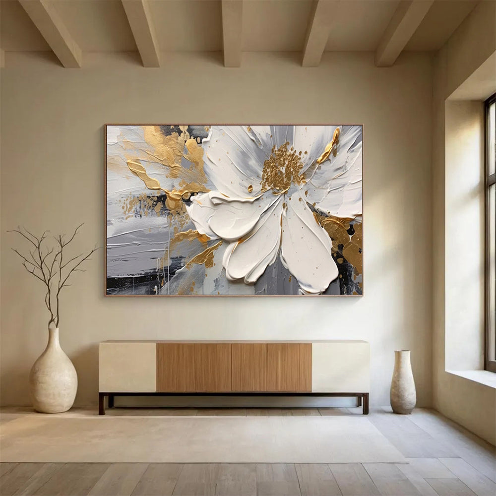 “White Flower & Gold Accents” - Impasto Floral - Painting On Canvas PT1703