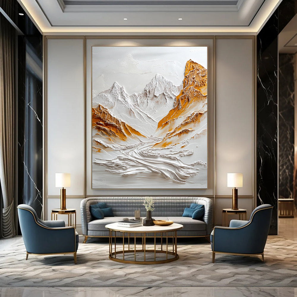 “White - Gold Textured Mountain Relief” - 3D Abstract Painting On Canvas PT2072