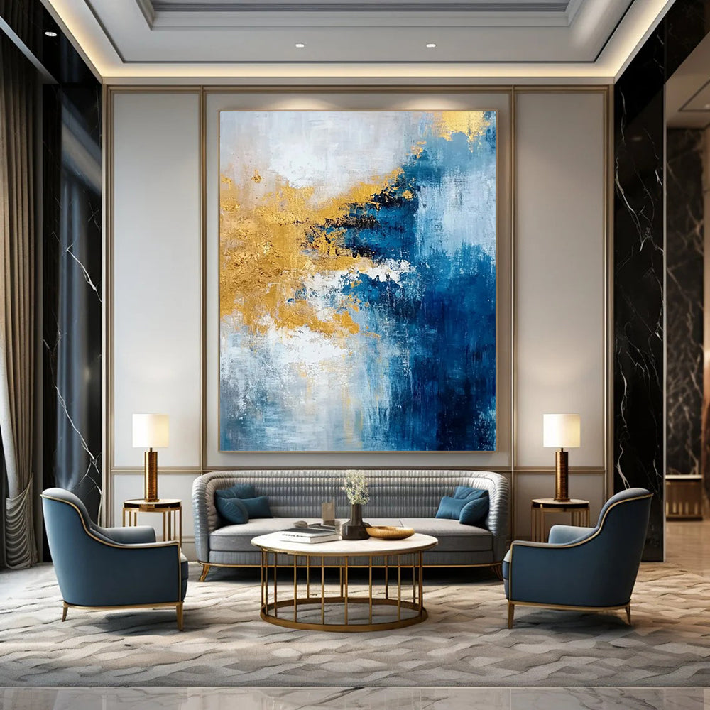 Blue - Gold Abstract Fusion Textured Painting On Canvas DS062