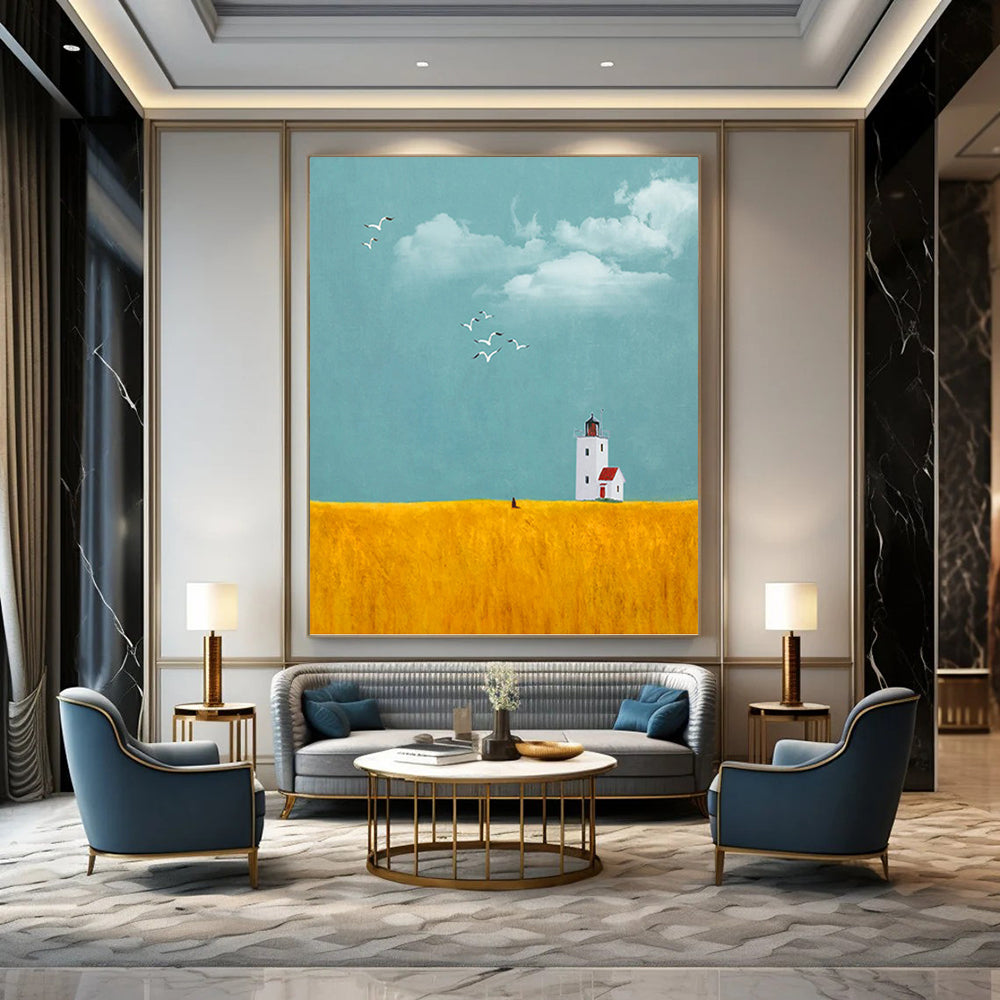 “Lighthouse in Yellow Field” - Minimalist - Inspired Landscape Painting On Canvas PT1429
