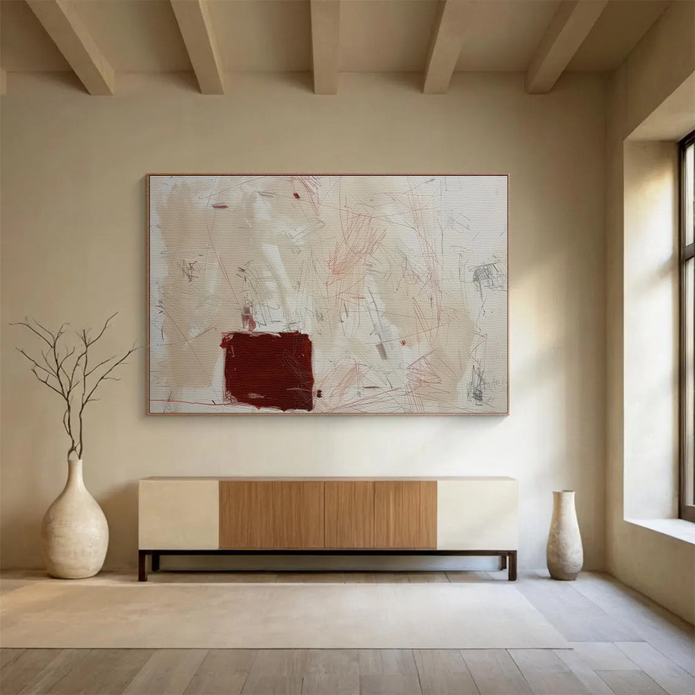 Beige and Red Abstract Scratches Contemporary Abstract Painting On Canvas DKS146
