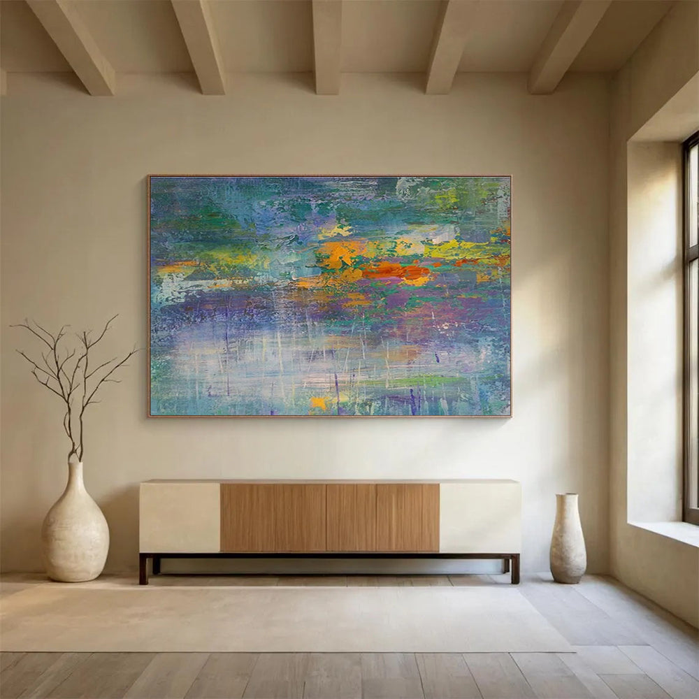 “Colorful Abstract Horizon” - Blue, Green & Orange Abstract Landscape, Expressive Oil Painting On Canvas DKS714