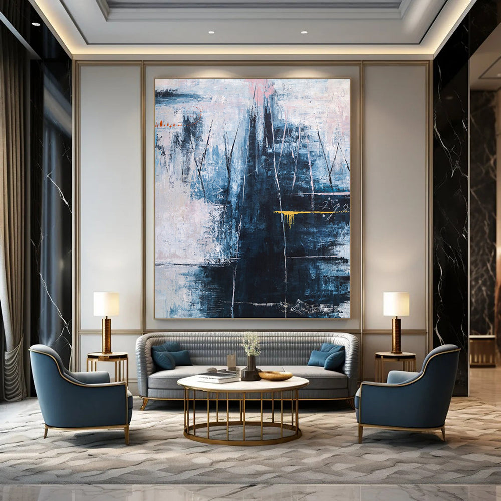 “Blue - Grey Abstract with Yellow” - Moody Abstract Painting On Canvas PT1111