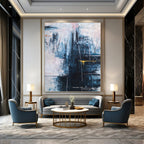 “Blue - Grey Abstract with Yellow” - Moody Abstract Painting On Canvas PT1111