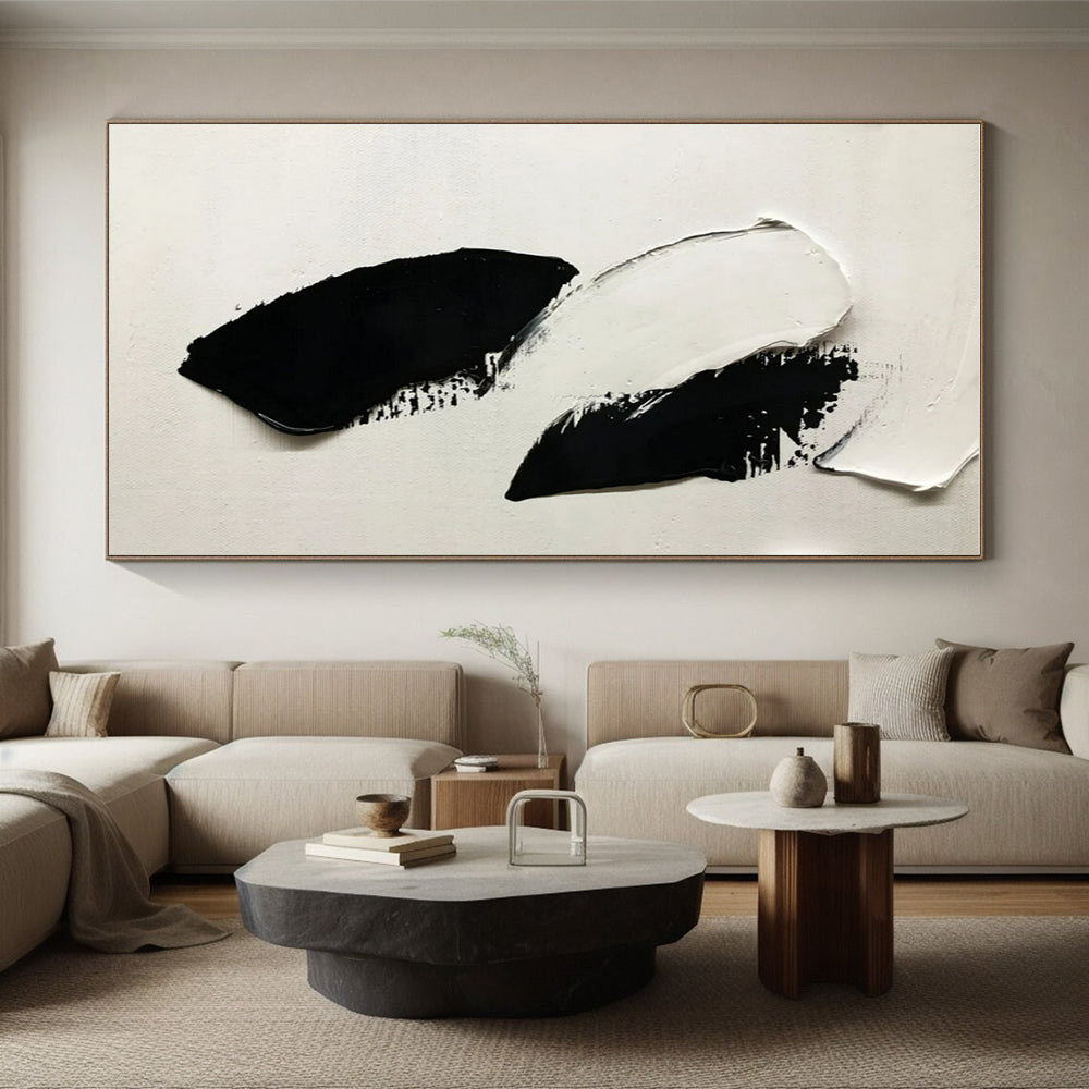 “Bold Black - White Strokes” - Black, White Abstract Minimalist Painting On Canvas PS0710