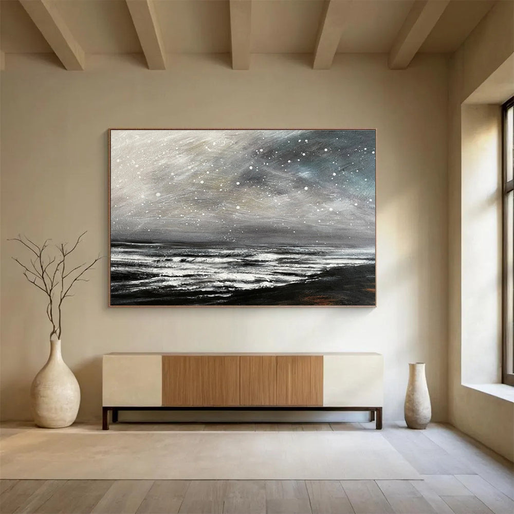 Grey Sky with Snow Over Dark Sea Seascape Painting On Canvas DKS109