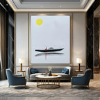 “Yellow Moon & Red Figure on Black Boat” - Minimalist Ink Painting On Canvas PT2163