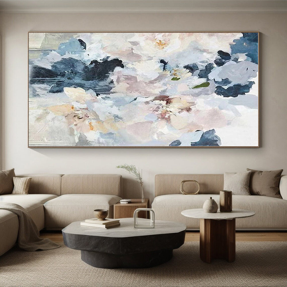 “Repeated Soft Floral Bouquet” - Blue, White, Pink Abstract Floral Painting On Canvas PS0589