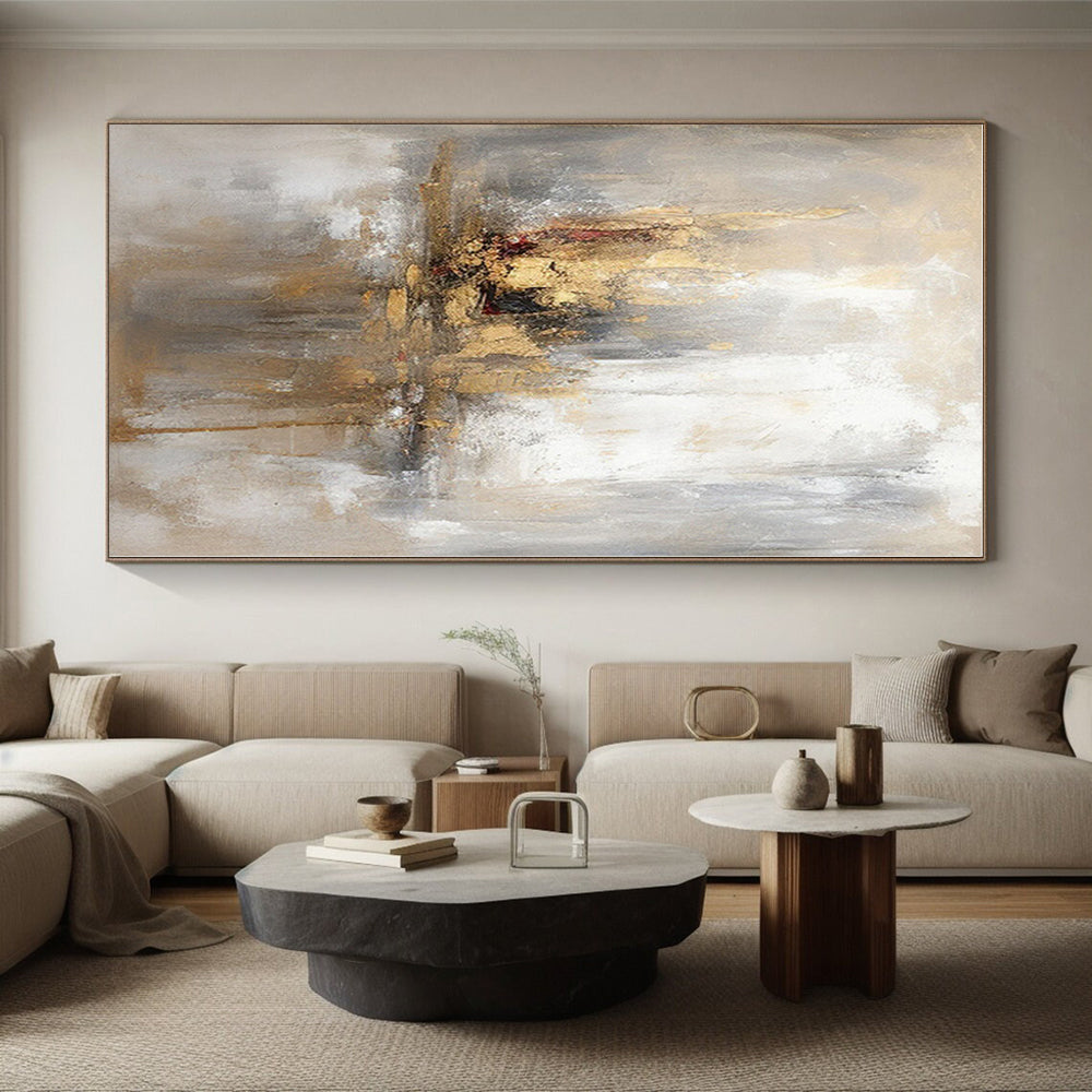 “Gold - Beige Reflective Abstract” - Gold, Beige, Gray Abstract Impressionist Painting On Canvas PS0570